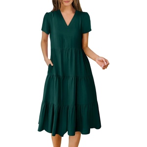 image:imageANRABESS Womens Summer Casual Short Sleeve V Neck Midi Dresses 2026 Spring Flowy Aline Tiered T Shirts Boho Beach DressDark Green