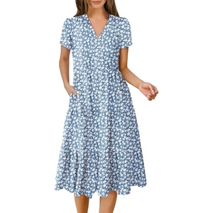 image:imageANRABESS Womens Summer Casual Short Sleeve V Neck Midi Dresses 2026 Spring Flowy Aline Tiered T Shirts Boho Beach DressFloral Blue