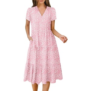 image:imageANRABESS Womens Summer Casual Short Sleeve V Neck Midi Dresses 2026 Spring Flowy Aline Tiered T Shirts Boho Beach DressFloral Pink