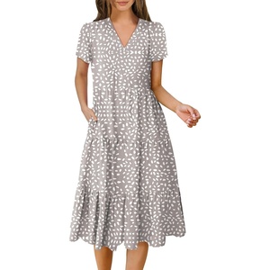 image:imageANRABESS Womens Summer Casual Short Sleeve V Neck Midi Dresses 2026 Spring Flowy Aline Tiered T Shirts Boho Beach DressGray With White Spots Polka Dot