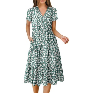 image:imageANRABESS Womens Summer Casual Short Sleeve V Neck Midi Dresses 2026 Spring Flowy Aline Tiered T Shirts Boho Beach DressGreen Beige Floral