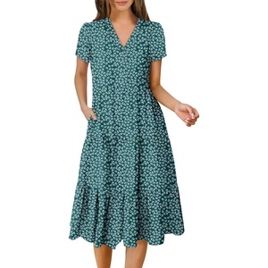 image:imageANRABESS Womens Summer Casual Short Sleeve V Neck Midi Dresses 2026 Spring Flowy Aline Tiered T Shirts Boho Beach DressGreen Blue Floral