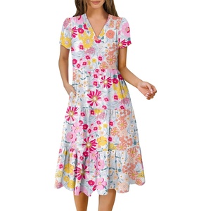 image:imageANRABESS Womens Summer Casual Short Sleeve V Neck Midi Dresses 2026 Spring Flowy Aline Tiered T Shirts Boho Beach DressMulticolour Floral