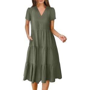 image:imageANRABESS Womens Summer Casual Short Sleeve V Neck Midi Dresses 2026 Spring Flowy Aline Tiered T Shirts Boho Beach DressOlive Green