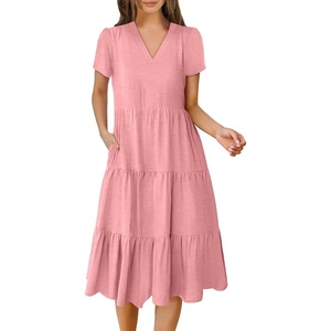 image:imageANRABESS Womens Summer Casual Short Sleeve V Neck Midi Dresses 2026 Spring Flowy Aline Tiered T Shirts Boho Beach DressPeach