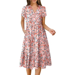 image:imageANRABESS Womens Summer Casual Short Sleeve V Neck Midi Dresses 2026 Spring Flowy Aline Tiered T Shirts Boho Beach DressPeach Floral