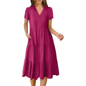 image:imageANRABESS Womens Summer Casual Short Sleeve V Neck Midi Dresses 2026 Spring Flowy Aline Tiered T Shirts Boho Beach DressRose