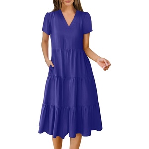 image:imageANRABESS Womens Summer Casual Short Sleeve V Neck Midi Dresses 2026 Spring Flowy Aline Tiered T Shirts Boho Beach DressRoyal Blue