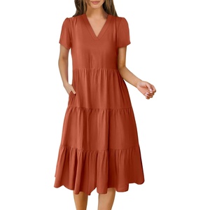 image:imageANRABESS Womens Summer Casual Short Sleeve V Neck Midi Dresses 2026 Spring Flowy Aline Tiered T Shirts Boho Beach DressRust Red