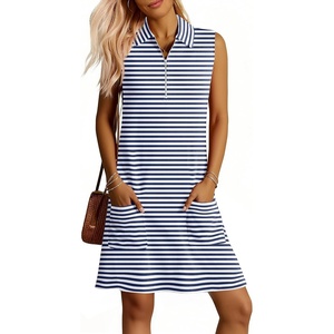image:imageANRABESS Womens Summer Dresses Casual Sleeveless Ribbed Half Zip Polo Collar Tshirt Dress 2026 Spring Tunics Short SundressBlue White Stripe