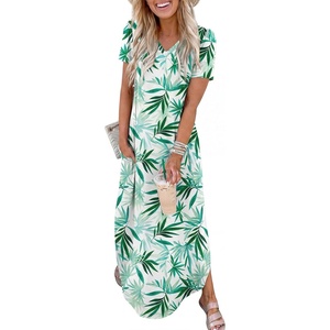 image:imageANRABESS Womens Summer Maxi Dress V Neck Short Sleeve Slit Side Shirt Dress Loose Fit Travel Beach Dress with PocketsGreen White Floral