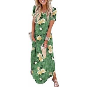 image:imageANRABESS Womens Summer Maxi Dress V Neck Short Sleeve Slit Side Shirt Dress Loose Fit Travel Beach Dress with PocketsGreen Yellow Rose Floral