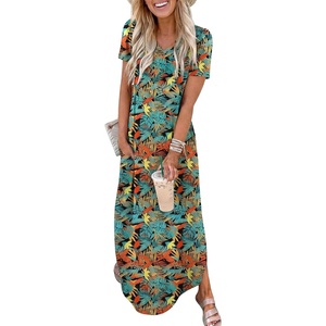 image:imageANRABESS Womens Summer Maxi Dress V Neck Short Sleeve Slit Side Shirt Dress Loose Fit Travel Beach Dress with PocketsOrange Blue Floral