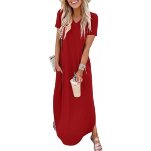 image:imageANRABESS Womens Summer Maxi Dress V Neck Short Sleeve Slit Side Shirt Dress Loose Fit Travel Beach Dress with PocketsRed