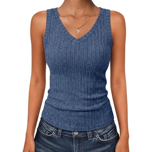 image:imageANRABESS Womens V Neck Tank Tops Soft Comfy Ribbed Knit Slim Fitted Going Out Shirts Summer Outfits for Travel Work DailyDark Blue