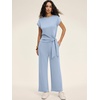 image:imageANRABESS Women 2 Piece Outfits 2026 Summer Lounge Sets Cap Sleeve Tie Waisted Top Wide Leg Pant Airport Vacation Travel SetsBlue