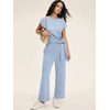 image:imageANRABESS Women 2 Piece Outfits 2026 Summer Lounge Sets Cap Sleeve Tie Waisted Top Wide Leg Pant Airport Vacation Travel SetsBlue