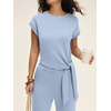 image:imageANRABESS Women 2 Piece Outfits 2026 Summer Lounge Sets Cap Sleeve Tie Waisted Top Wide Leg Pant Airport Vacation Travel SetsBlue