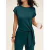 image:imageANRABESS Women 2 Piece Outfits 2026 Summer Lounge Sets Cap Sleeve Tie Waisted Top Wide Leg Pant Airport Vacation Travel SetsLake Green