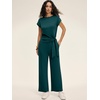 image:imageANRABESS Women 2 Piece Outfits 2026 Summer Lounge Sets Cap Sleeve Tie Waisted Top Wide Leg Pant Airport Vacation Travel SetsLake Green