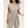 image:imageANRABESS Women 2 Piece Outfits 2026 Summer Lounge Sets Cap Sleeve Tie Waisted Top Wide Leg Pant Airport Vacation Travel SetsLight Khaki