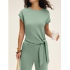 image:imageANRABESS Women 2 Piece Outfits 2026 Summer Lounge Sets Cap Sleeve Tie Waisted Top Wide Leg Pant Airport Vacation Travel SetsSage Green