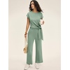 image:imageANRABESS Women 2 Piece Outfits 2026 Summer Lounge Sets Cap Sleeve Tie Waisted Top Wide Leg Pant Airport Vacation Travel SetsSage Green
