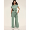 image:imageANRABESS Women 2 Piece Outfits 2026 Summer Lounge Sets Cap Sleeve Tie Waisted Top Wide Leg Pant Airport Vacation Travel SetsSage Green