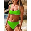 image:imageANRABESS Womens Bikini Sets Two Piece Swimsuit Ribbed Front Ruched Mid Waisted Bathing Suit Color Block 2026 Beach SwimwearNeon Green