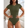 image:imageANRABESS Womens Double Lined Bodysuits Short Sleeve Summer Going Out Fitted Basic Tee Shirts Body Suits TopArmy Green