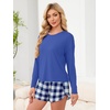 image:imageANRABESS Womens Long Sleeve Pajama Sets 2026 Fall 2 Piece Outfits Lounge Matching Short Set Striped Pjs Loungewear SleepwearNavy Blue White Plaid