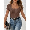 image:imageANRABESS Womens Square Neck Tops Soft Lightweight Rib Knit Sweater Short Sleeve Slim Fit Shirts Summer Casual Outfits 2026Brown