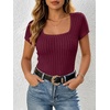 image:imageANRABESS Womens Square Neck Tops Soft Lightweight Rib Knit Sweater Short Sleeve Slim Fit Shirts Summer Casual Outfits 2026Burgundy