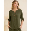 image:imageANRABESS Womens Summer 2 Piece Lounge Sets 34 Sleeve V Neck Top Wide Leg Palazzo Pants Set 2026 Beach Travel OutfitsArmy Green