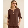 image:imageANRABESS Womens Summer 2 Piece Lounge Sets 34 Sleeve V Neck Top Wide Leg Palazzo Pants Set 2026 Beach Travel OutfitsBrown