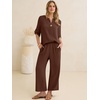 image:imageANRABESS Womens Summer 2 Piece Lounge Sets 34 Sleeve V Neck Top Wide Leg Palazzo Pants Set 2026 Beach Travel OutfitsBrown