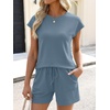 image:imageANRABESS Womens Waffle Knit 2 Piece Short Sets Cap Sleeve Summer 2026 Matching Lounge Outfits Travel Beach Vacation SweatsuitBlue