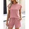 image:imageANRABESS Womens Waffle Knit 2 Piece Short Sets Cap Sleeve Summer 2026 Matching Lounge Outfits Travel Beach Vacation SweatsuitPink