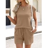 image:imageANRABESS Womens Waffle Knit 2 Piece Short Sets Cap Sleeve Summer 2026 Matching Lounge Outfits Travel Beach Vacation SweatsuitTan