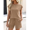 image:imageANRABESS Womens Waffle Knit 2 Piece Short Sets Cap Sleeve Summer 2026 Matching Lounge Outfits Travel Beach Vacation SweatsuitTan