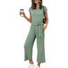 image:imageANRABESS Women 2 Piece Outfits 2026 Summer Lounge Sets Cap Sleeve Tie Waisted Top Wide Leg Pant Airport Vacation Travel SetsSage Green