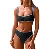 image:imageANRABESS Womens Bikini Sets Two Piece Swimsuit Ribbed Front Ruched Mid Waisted Bathing Suit Color Block 2026 Beach Swimwear Black White XL