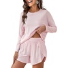 image:imageANRABESS Womens Long Sleeve Pajama Sets 2026 Fall 2 Piece Outfits Lounge Matching Short Set Striped Pjs Loungewear SleepwearPink White