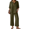 image:imageANRABESS Womens Summer 2 Piece Lounge Sets 34 Sleeve V Neck Top Wide Leg Palazzo Pants Set 2026 Beach Travel OutfitsArmy Green