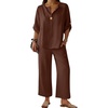 image:imageANRABESS Womens Summer 2 Piece Lounge Sets 34 Sleeve V Neck Top Wide Leg Palazzo Pants Set 2026 Beach Travel OutfitsBrown