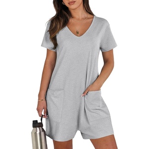 image:imageANRABESS Rompers for Women Summer Casual Short Sleeve Jumpsuits V Neck Loose Fit One Piece Outfits with Pockets 2026 ClothesGrey