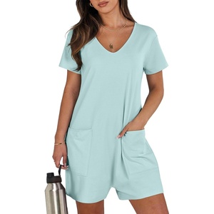 image:imageANRABESS Rompers for Women Summer Casual Short Sleeve Jumpsuits V Neck Loose Fit One Piece Outfits with Pockets 2026 ClothesMint Green