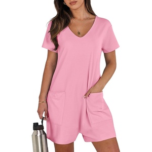 image:imageANRABESS Rompers for Women Summer Casual Short Sleeve Jumpsuits V Neck Loose Fit One Piece Outfits with Pockets 2026 ClothesPink