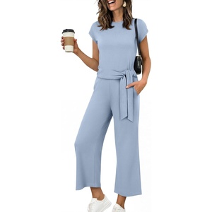 image:imageANRABESS Women 2 Piece Outfits 2026 Summer Lounge Sets Cap Sleeve Tie Waisted Top Wide Leg Pant Airport Vacation Travel SetsBlue