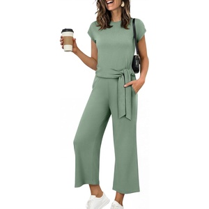 image:imageANRABESS Women 2 Piece Outfits 2026 Summer Lounge Sets Cap Sleeve Tie Waisted Top Wide Leg Pant Airport Vacation Travel SetsSage Green